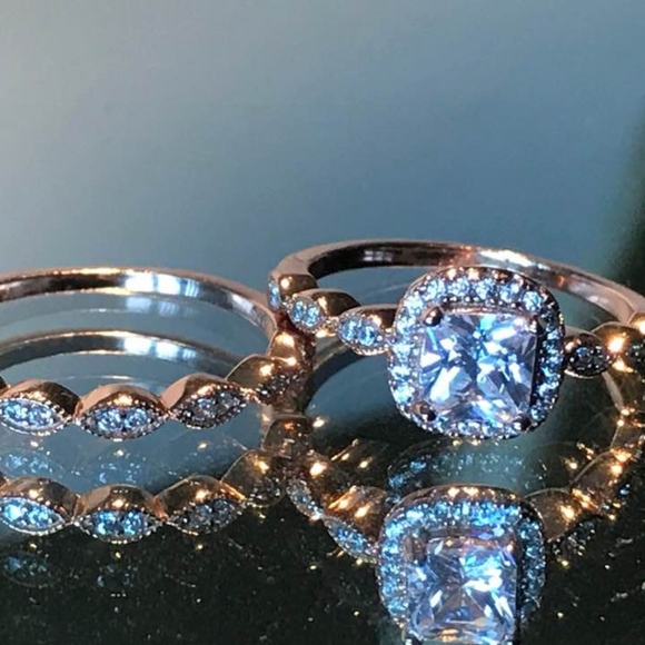 Crystal Blue Couture Jewelry Cushion Cut Halo Rose Gold Wedding